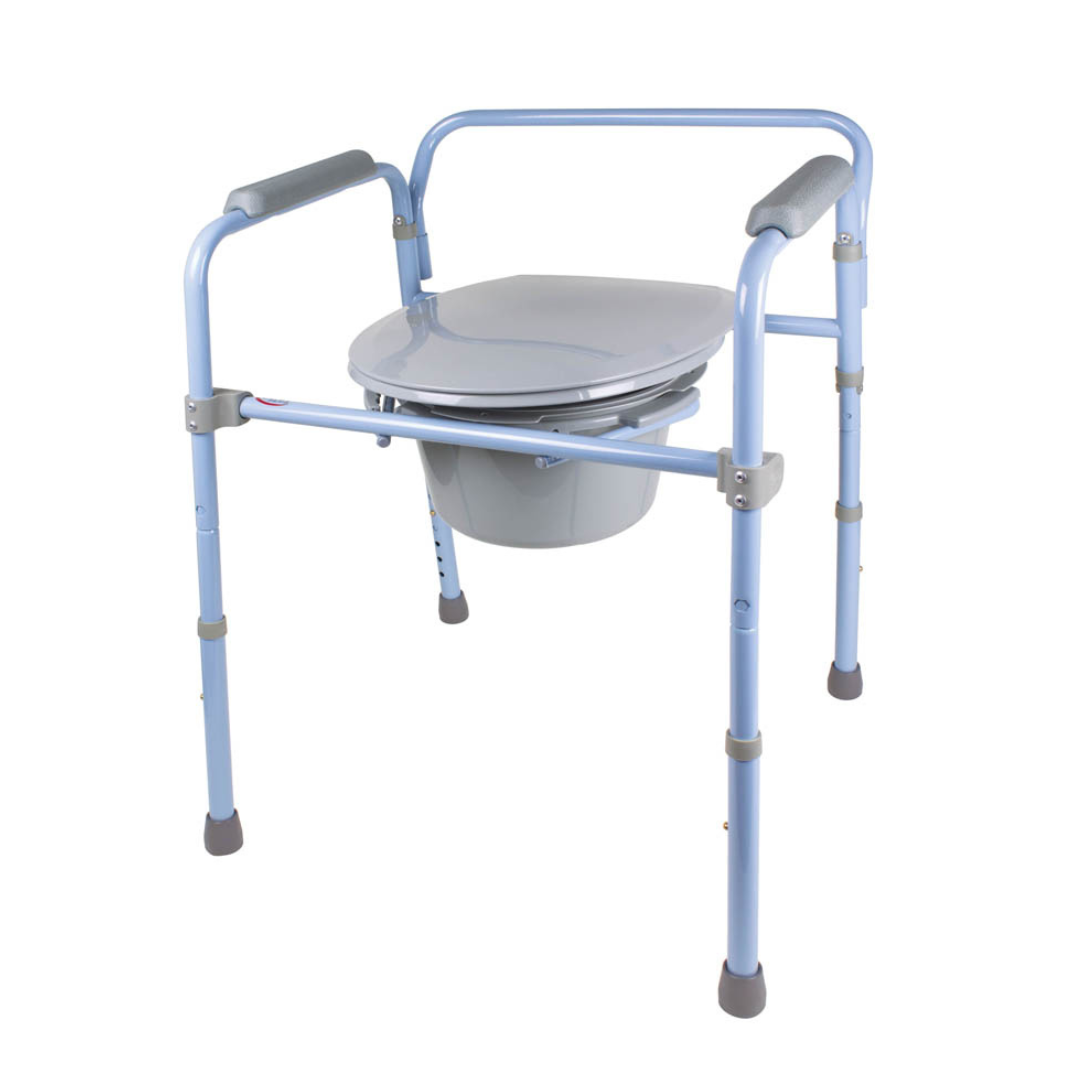 The Carex Deluxe Folding Commode features a blue metal frame with armrests, a grey plastic seat, and a removable bucket for convenience. Adjustable legs with non-slip rubber tips ensure stability, making it a versatile toilet safety frame.